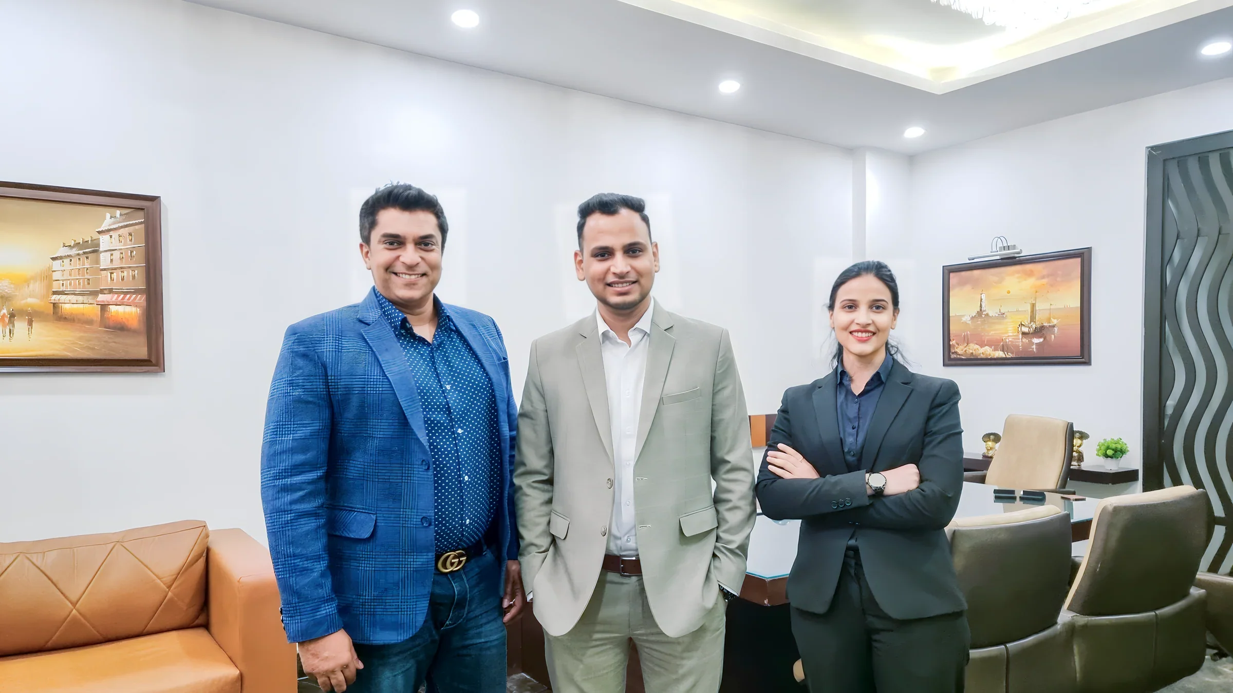 Lithvik Mukesh Sharma is photographed with Dr. Jyoti Kush and Dr. Binu at the CryptoMize CDR office.