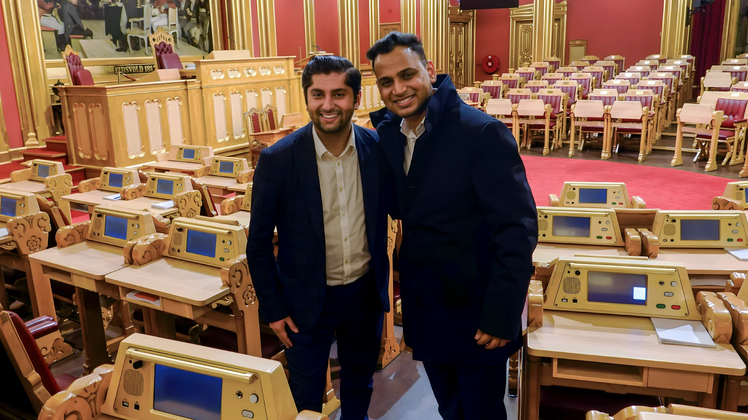 Lithvik Mukesh Sharma is photographed with Himanshu Gulati at the Norwegian Parliament