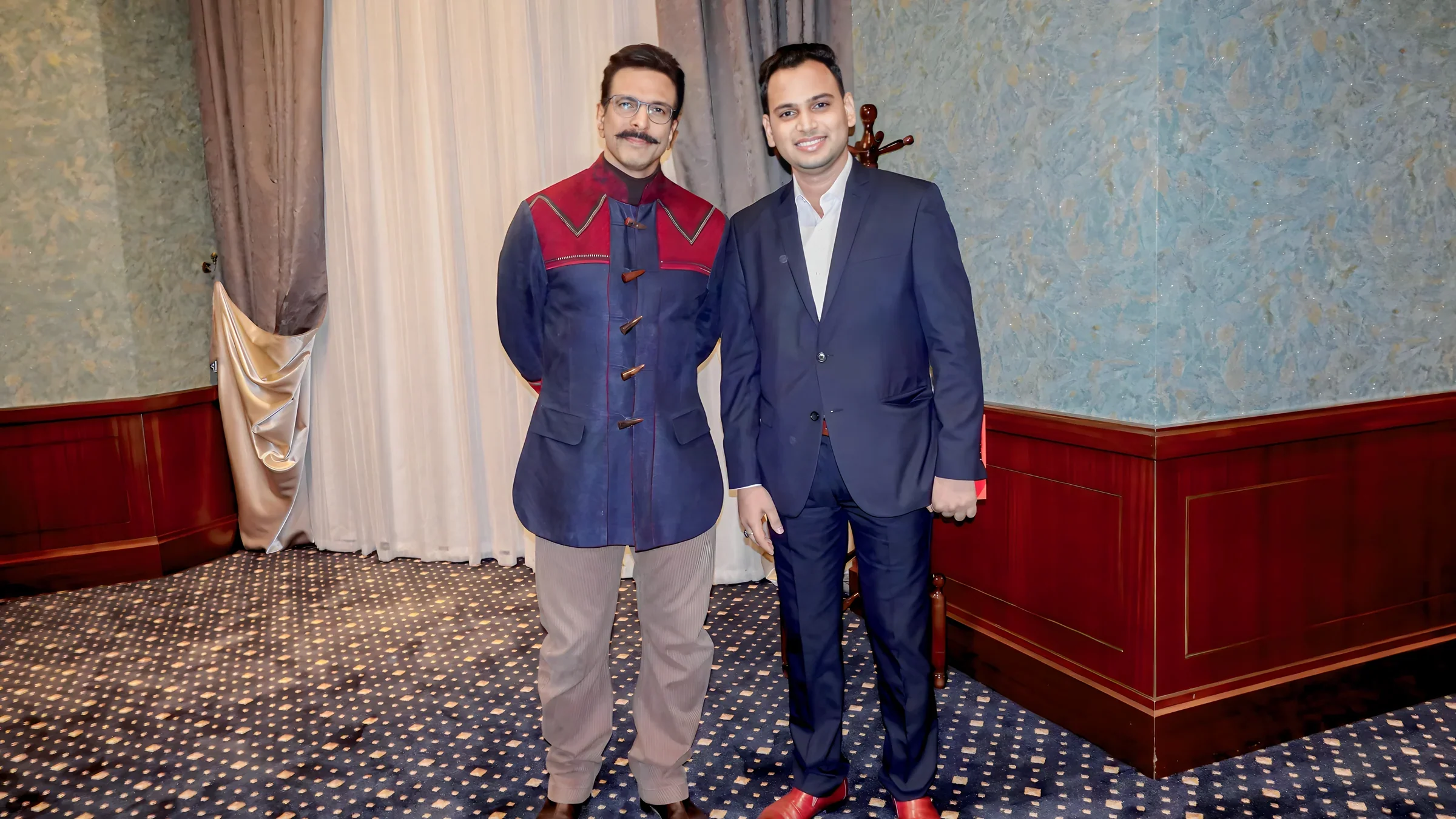 Lithvik Mukesh Sharma is photographed with Jaaved Jaaferi (Indian actor, dancer, and comedian) at the Tashkent Film Festival