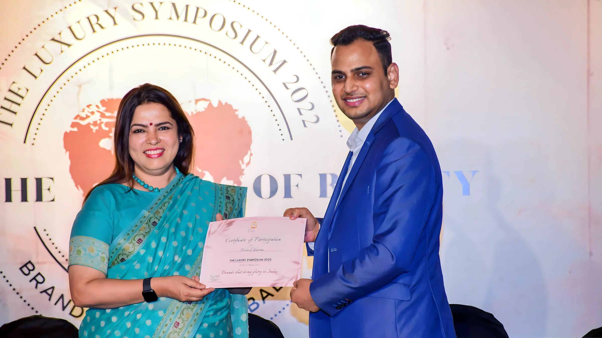 Lithvik Mukesh Sharma is photographed with Meenakshi Lekhi at the Luxury Symposium in Goa.