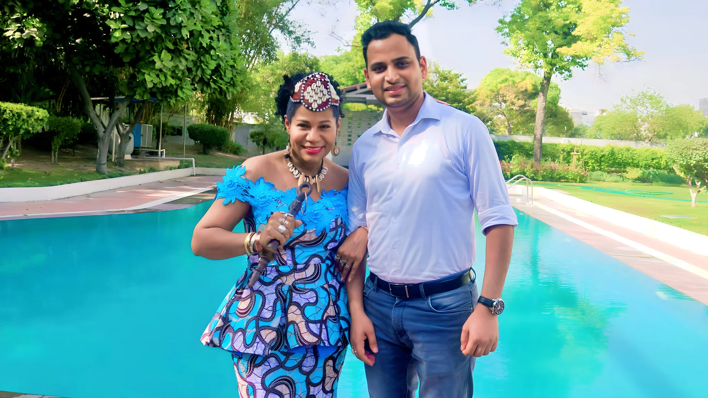 Lithvik Mukesh Sharma is photographed with Queen Diambi poolside at the farm house.