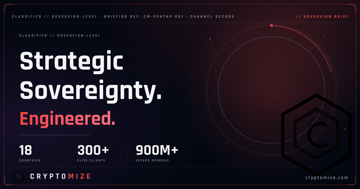 CryptoMize official briefing card — Strategic Sovereignty. Engineered. 18 countries, 300+ elite clients, 900M+ voters reached